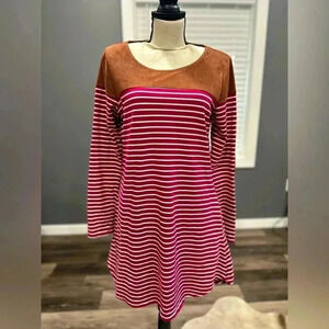Umgee Women  Small Tunic Dress Pockets Brown Suede Red/White Stripe Long Sleeve